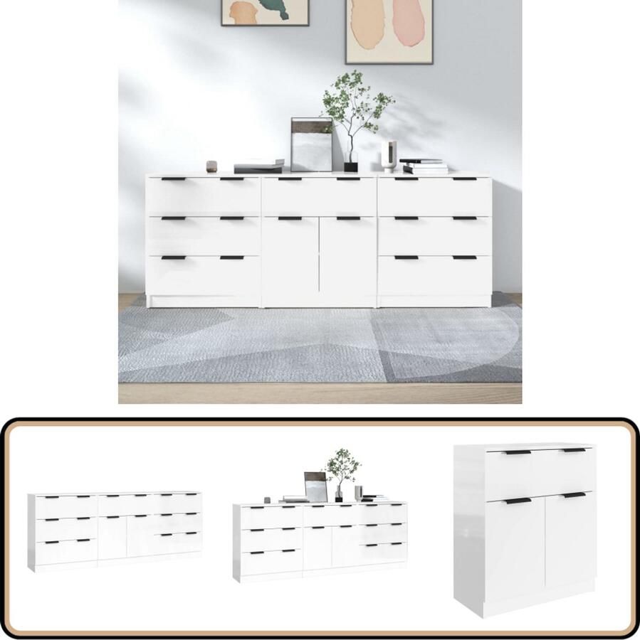 VidaXL 3-delige Dressoirenset Hoogglans Wit Dressoir Commode Opbergmeubel Houten Meubel Modern Meubel