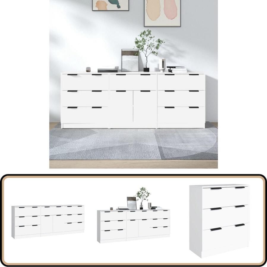 VidaXL 3-delige Dressoirs Wit Bewerkt Hout Dressoir Commode Houten Dressoir Wit Dressoir Opbergkast