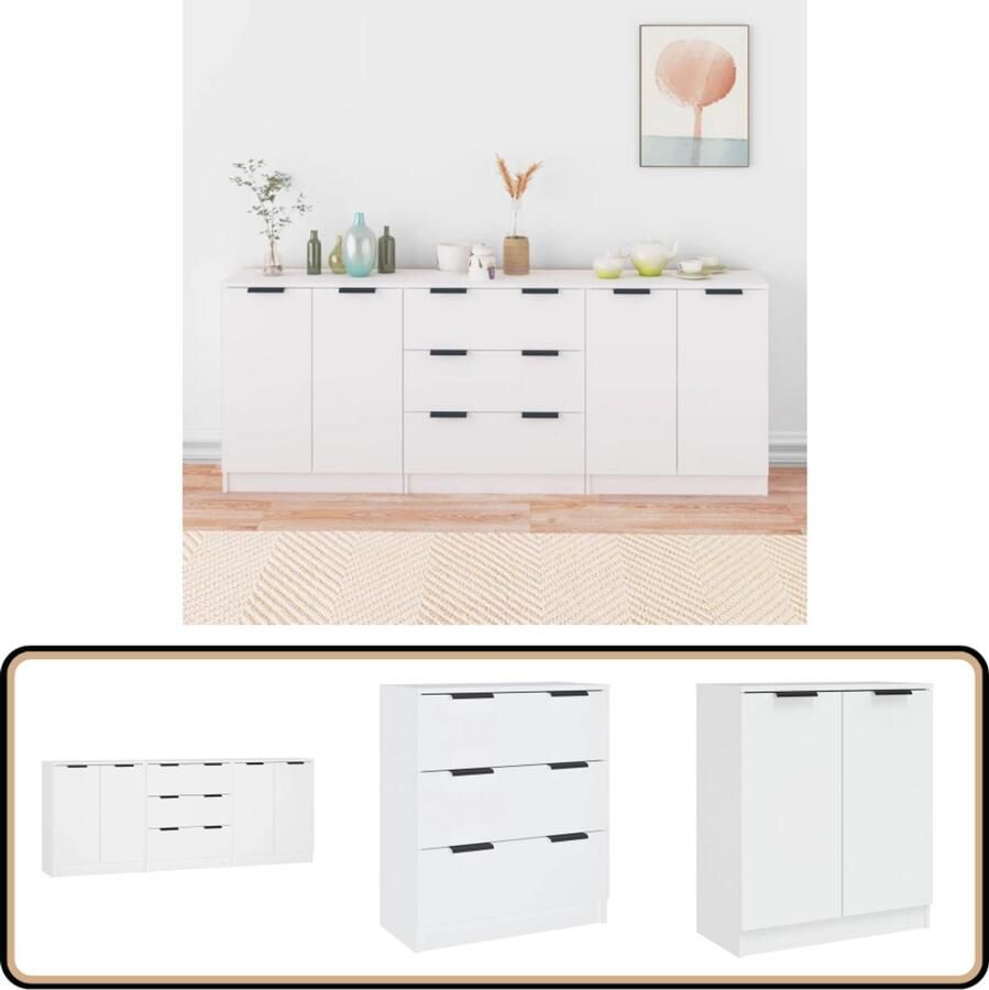 VidaXL 3-delige Dressoirenset Wit Hout Modern Dressoir Minimalistisch Design Houten Dressoir Wit Dressoir Opbergkast - Foto 2