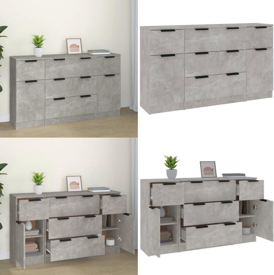 VidaXL 3-delige Dressoirset bewerkt hout betongrijs Dressoir Dressoirs Kast Wandkast