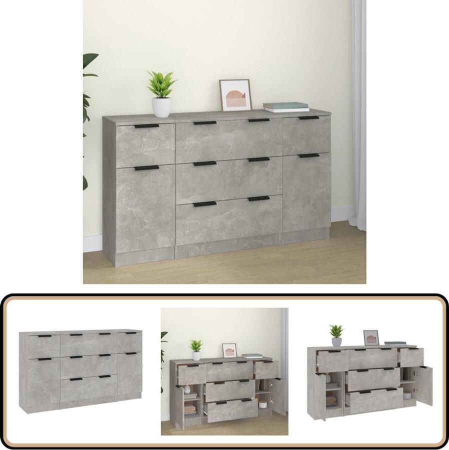 VidaXL 3-delige Dressoirset Betongrijs Hout Dressoir Kast Houten Dressoir Betongrijpe Meubel Minimalistisch Design