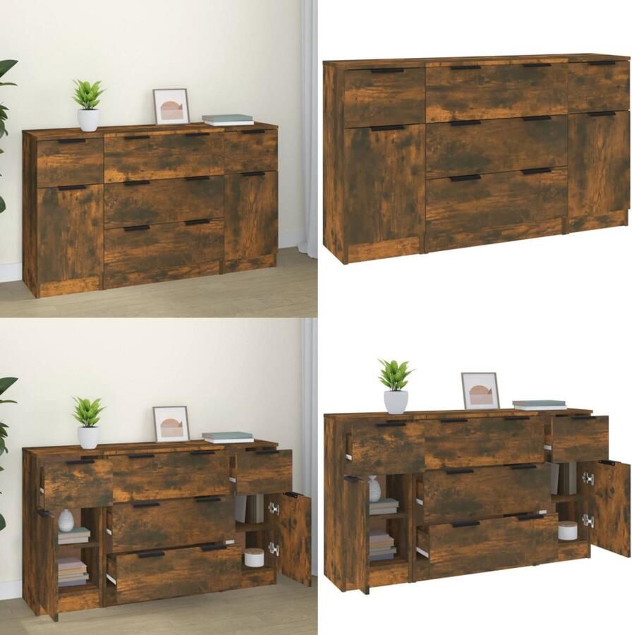 VidaXL 3-delige Dressoirset bewerkt hout gerookt eiken Dressoir Dressoirs Kast Wandkast