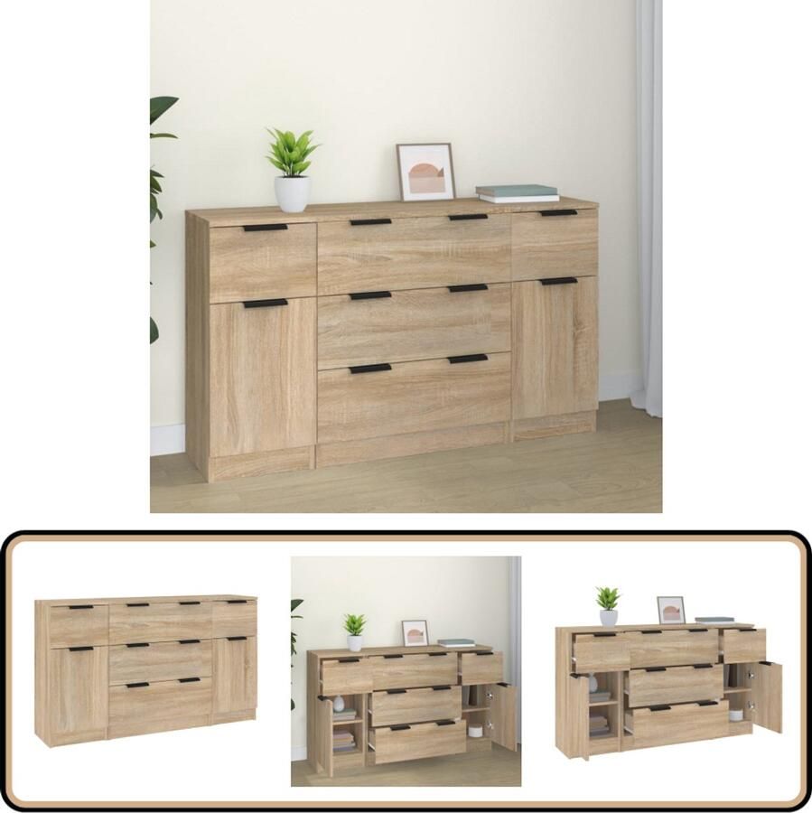 VidaXL Dressoirset 3 Stuks Sonoma Eiken Hout Dressoir Salontafel Houten Kast Opslagoplossing Minimalistisch Design