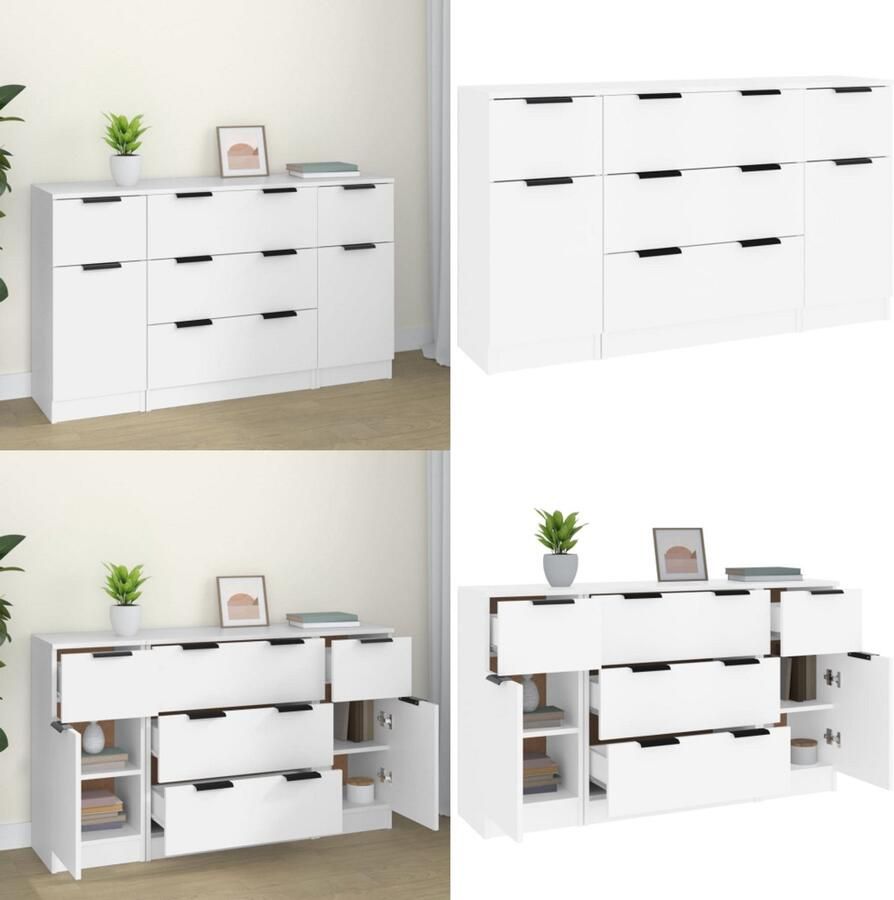 VidaXL 3-delige Dressoirset bewerkt hout wit Dressoir Dressoirs Kast Wandkast