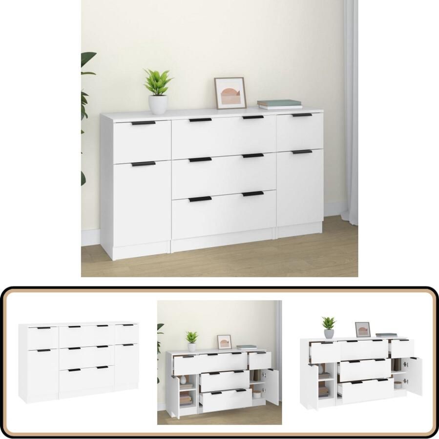 VidaXL Dressoirset Hout Wit 3-delig Minimalistisch Design Dressoir Kast Houten Meubel Wit Meubel