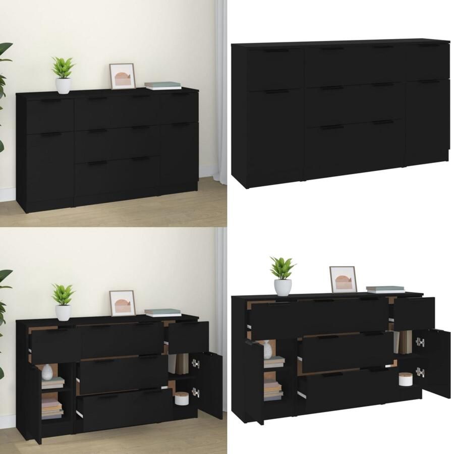 VidaXL 3-delige Dressoirset bewerkt hout zwart Dressoir Dressoirs Kast Wandkast