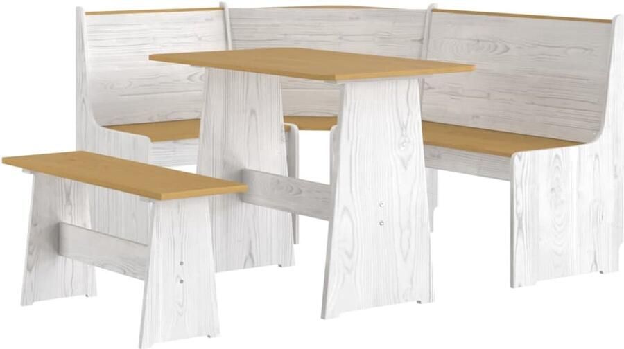 VidaXL 3-delige Eethoek REINE massief grenenhout honingbruin en wit Eethoek Eethoeken Houten Eethoek Eetset