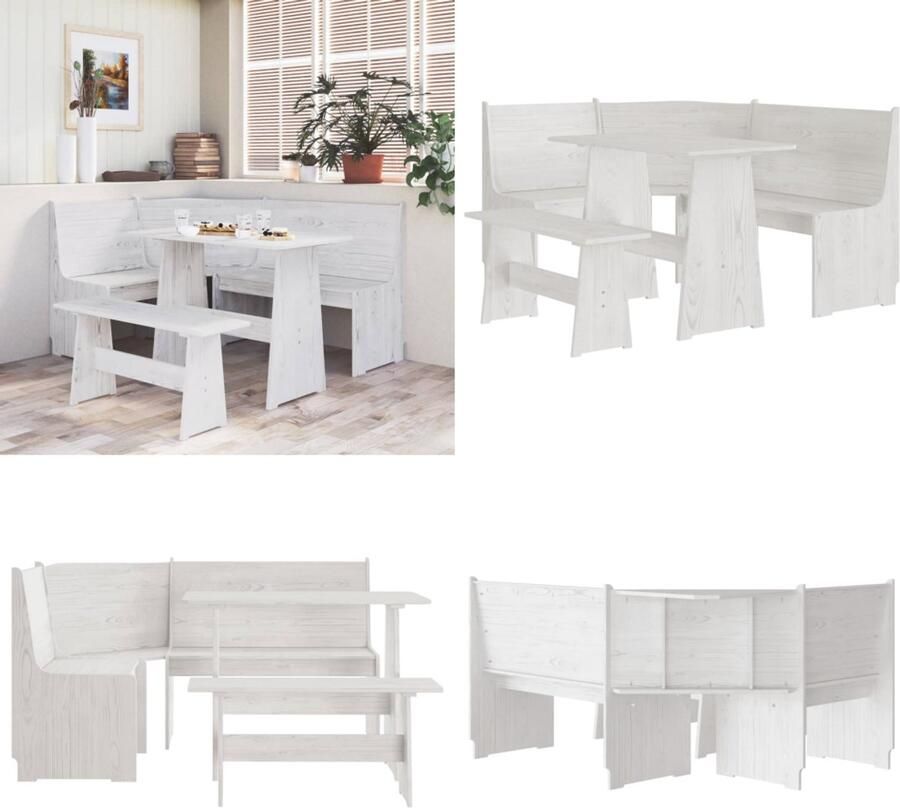 VidaXL 3-delige Eethoek REINE massief grenenhout wit Eethoek Eethoeken Houten Eethoek Eetset