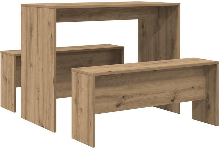 VidaXL 3-delige Eettafel en bankenset bewerkt hout artisanaal eiken