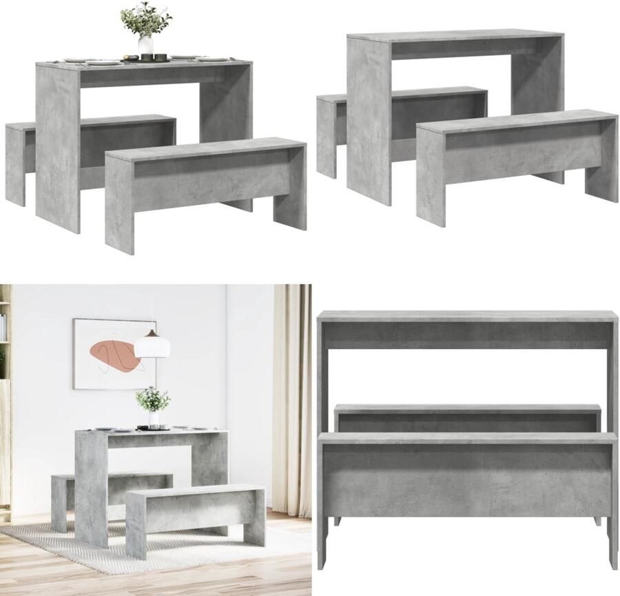 VidaXL 3-delige Eettafel en bankenset bewerkt hout betongrijs