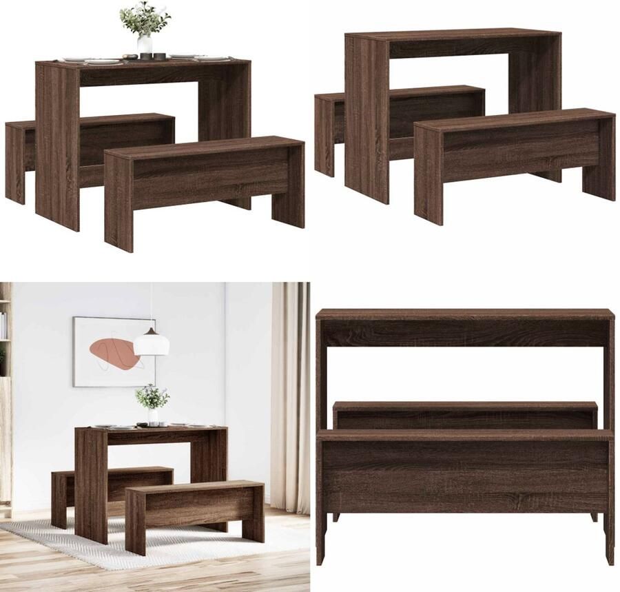 VidaXL 3-delige Eettafel en bankenset bewerkt hout bruin eikenkleur Eetkamerset Eetkamersets Eetkamer Set Keukenset