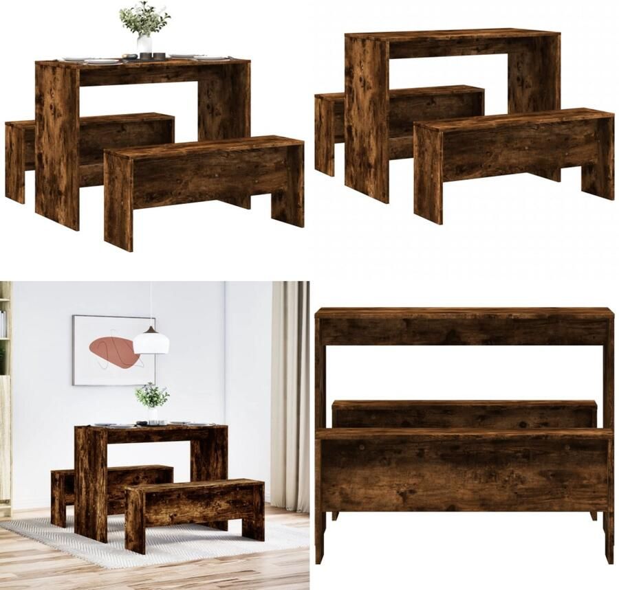 VidaXL 3-delige Eettafel en bankenset bewerkt hout gerookt eikenkleur