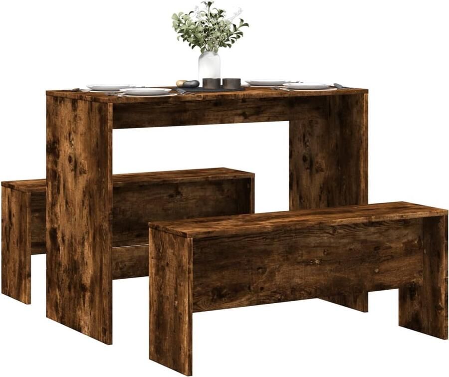 VidaXL 3-delige Eettafel en bankenset bewerkt hout gerookt eikenkleur - Foto 3