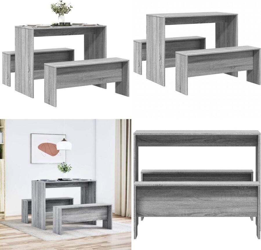 VidaXL 3-delige Eettafel en bankenset bewerkt hout grijs sonoma eiken