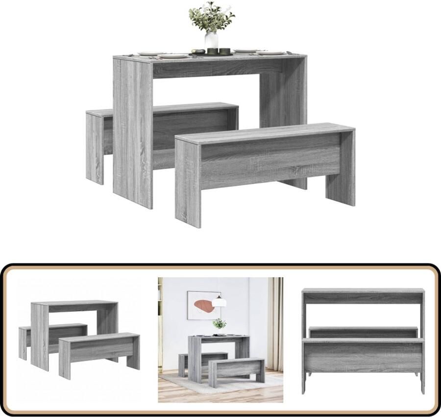 VidaXL 3-delige Eettafel en bankenset bewerkt hout grijs sonoma eiken - Foto 2
