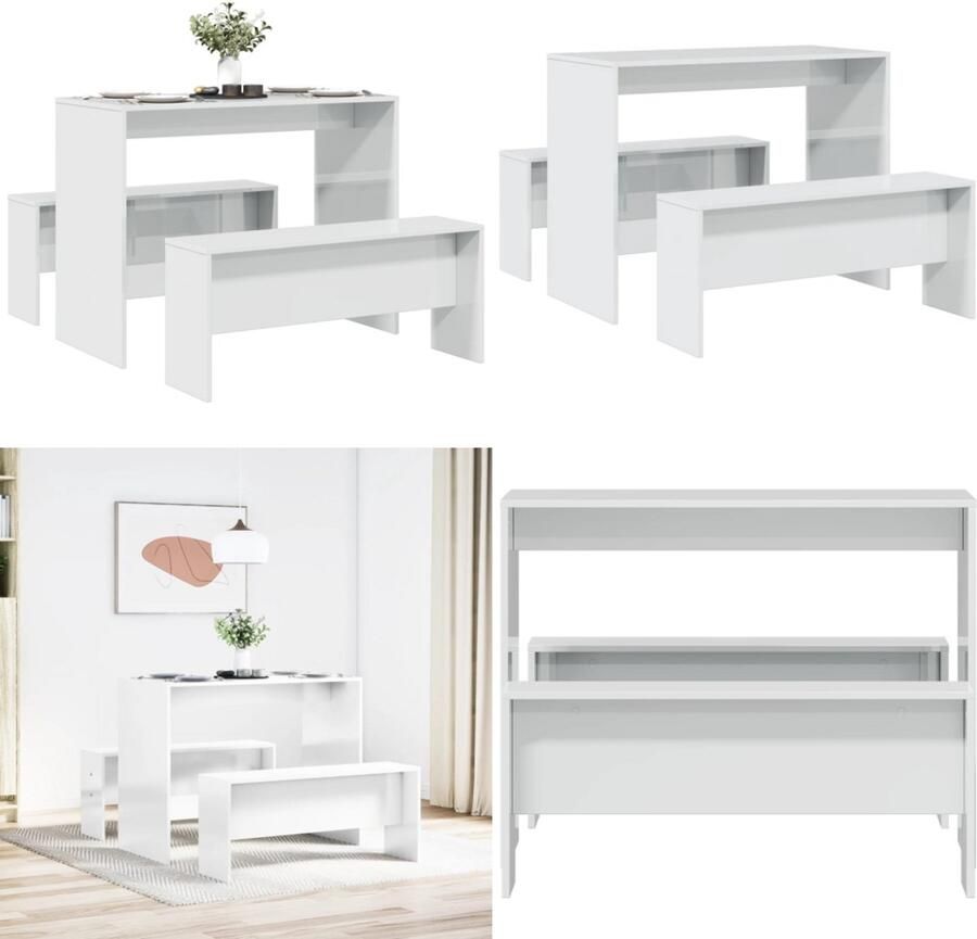 VidaXL 3-delige Eettafel en bankenset bewerkt hout hoogglans wit Eetkamerset Eetkamersets Eetkamer Set Keukenset
