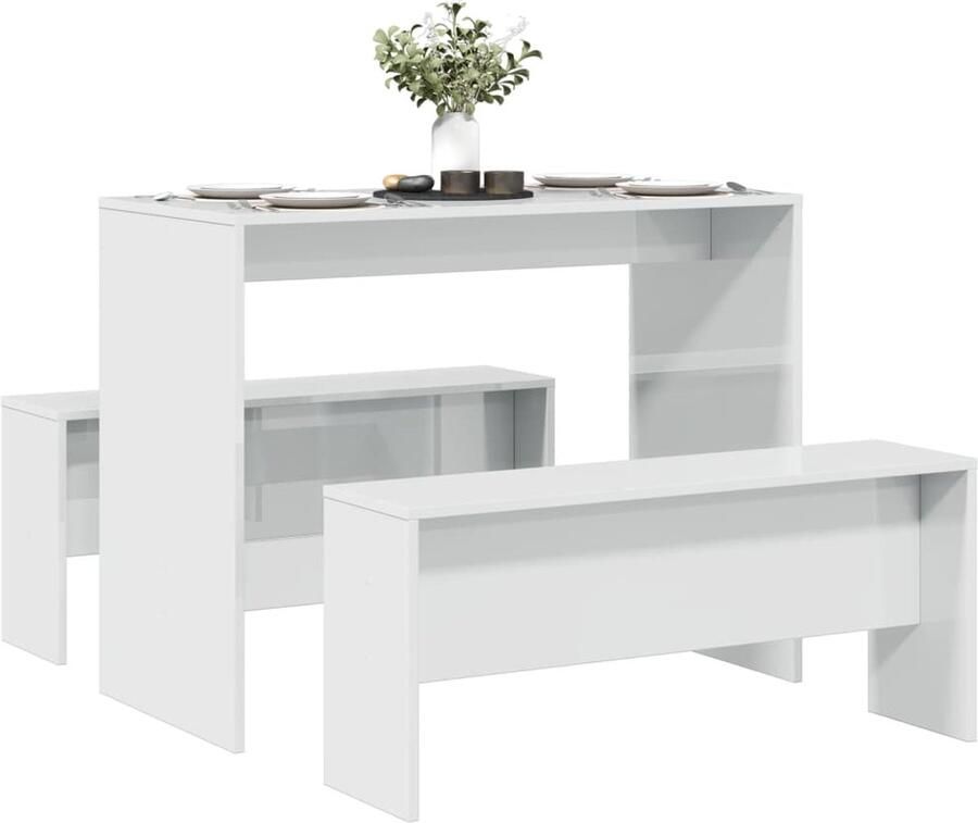 VidaXL 3-delige Eettafel en bankenset bewerkt hout hoogglans wit - Foto 3