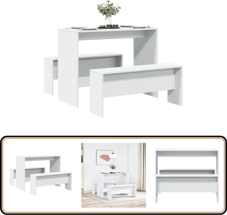 VidaXL 3-delige Eettafel en bankenset bewerkt hout hoogglans wit