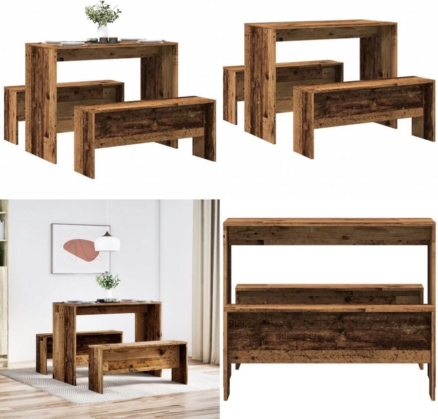 VidaXL 3-delige Eettafel en bankenset bewerkt hout oud houtkleurig Eetkamerset Eetkamersets Eetkamer Set Keukenset