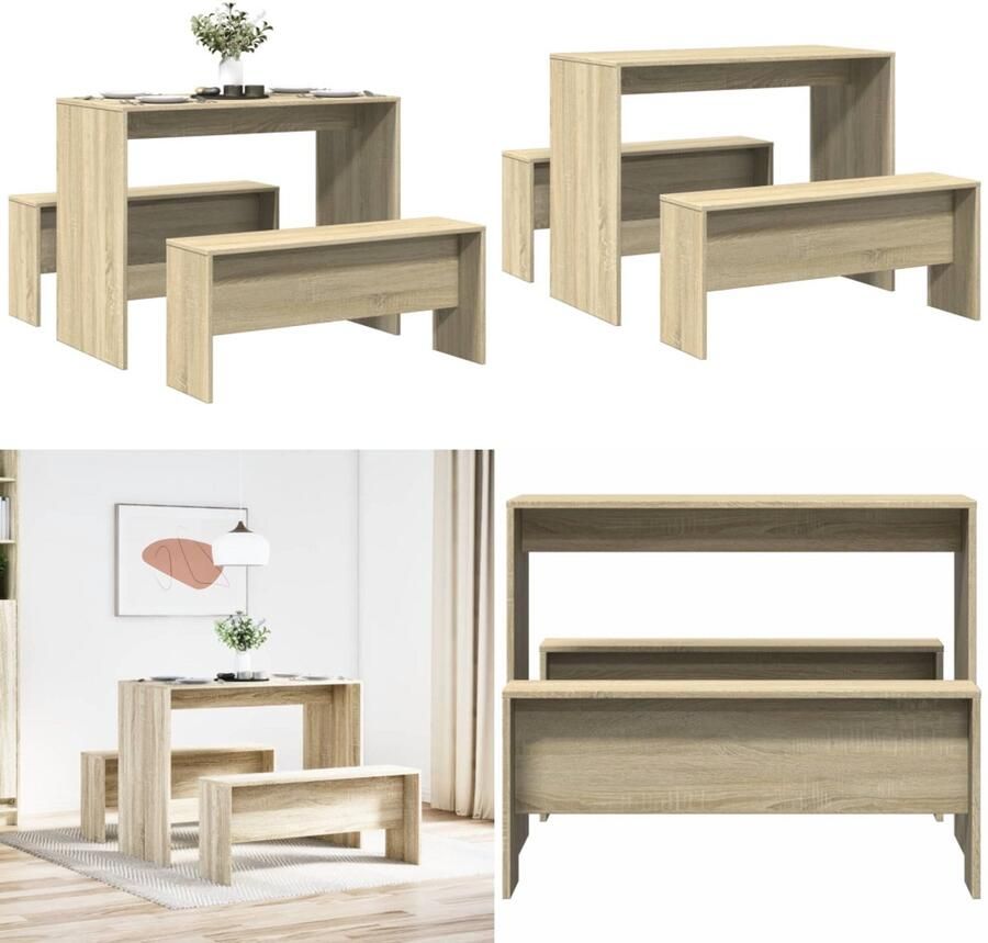 VidaXL 3-delige Eettafel en bankenset bewerkt hout sonoma eikenkleurig Eetkamerset Eetkamersets Eetkamer Set Keukenset