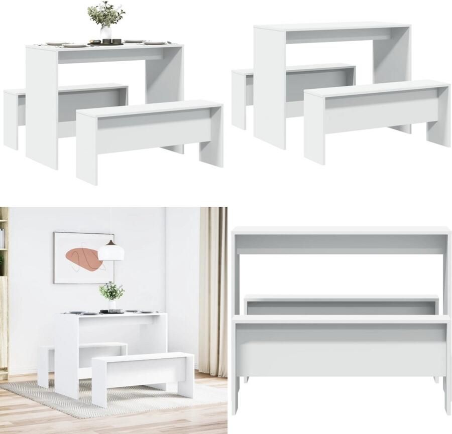 VidaXL 3-delige Eettafel en bankenset bewerkt hout wit Eetkamerset Eetkamersets Eetkamer Set Keukenset