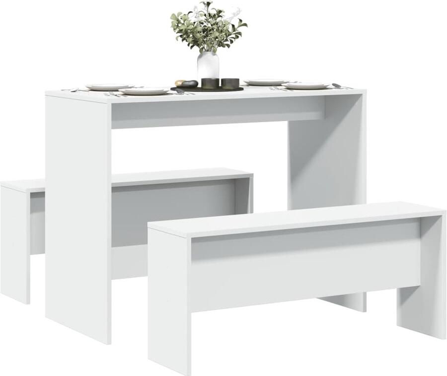 VidaXL 3-delige Eettafel en bankenset bewerkt hout wit - Foto 2