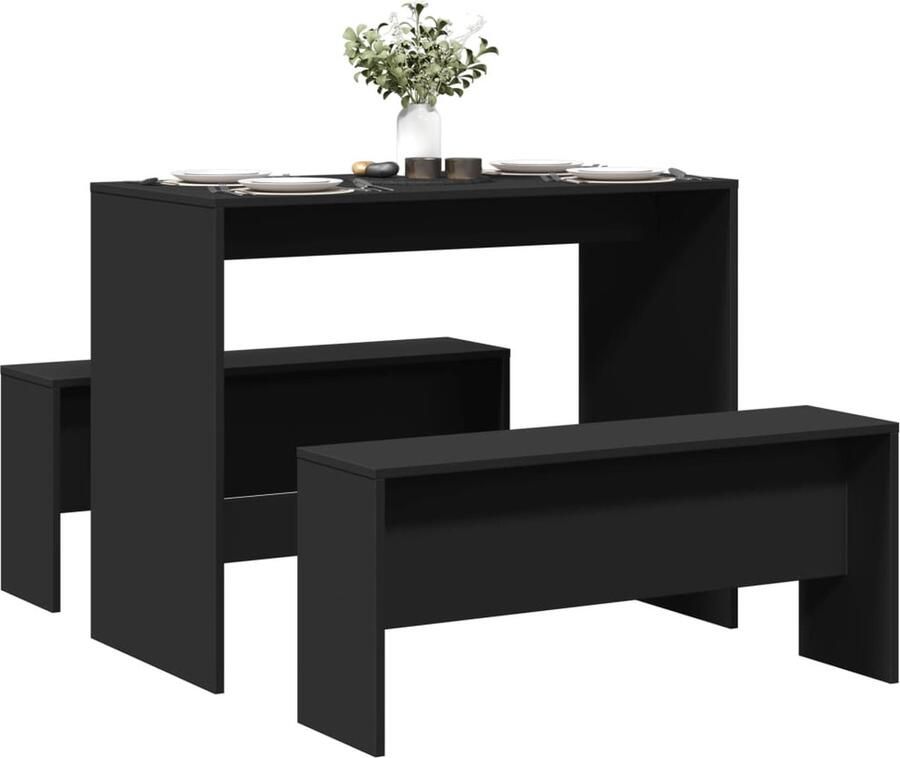 VidaXL 3-delige Eettafel en bankenset bewerkt hout zwart - Foto 2