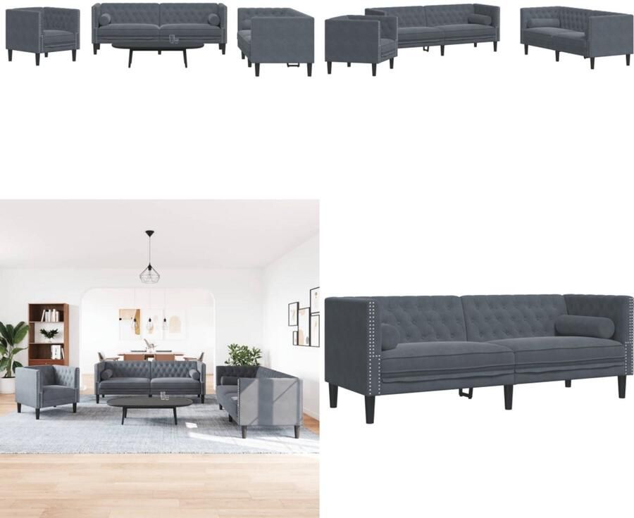 VidaXL 3-delige Loungeset Chesterfield en bolsters fluweel donkergrijs Chesterfield Loungeset Chesterfield Loungesets Chesterfield Bank Loungeset