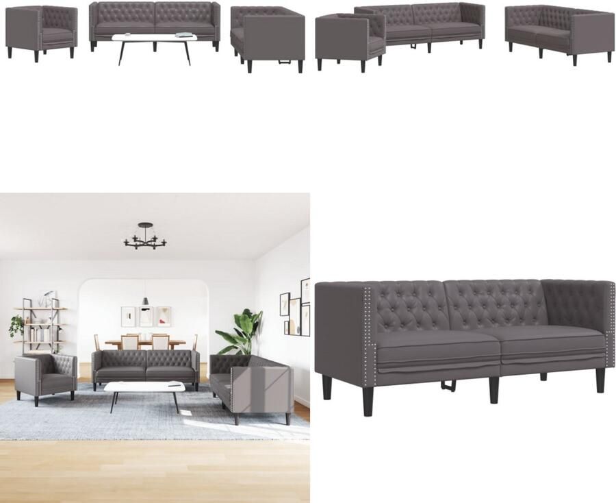 VidaXL 3-delige Loungeset Chesterfield-stijl kunstleer grijs Chesterfield Loungeset Chesterfield Loungesets Chesterfield Bank Loungeset