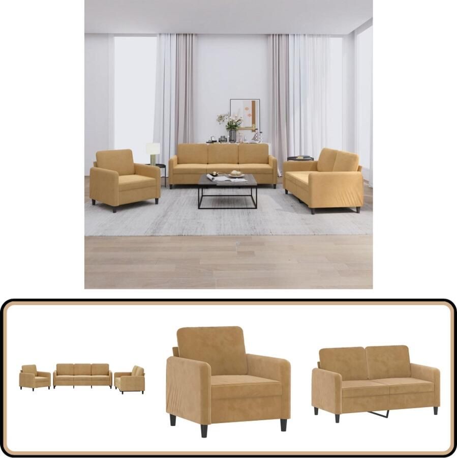 VidaXL 3-delige Loungeset Fluweel Bruin Loungeset Bruine Bank Velvet Bank Fauteuils Twee Persoons Bank