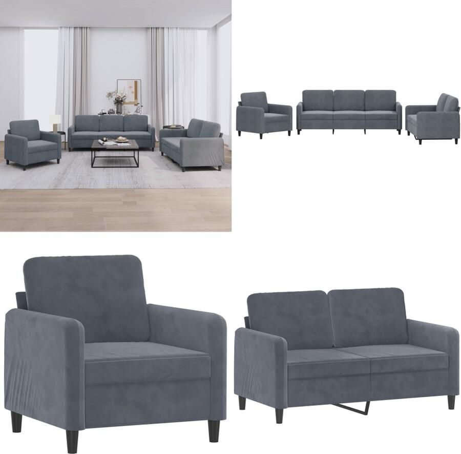 VidaXL 3-delige Loungeset fluweel donkergrijs Bankstel Bankstellen Fauteuil 2-zitsbank