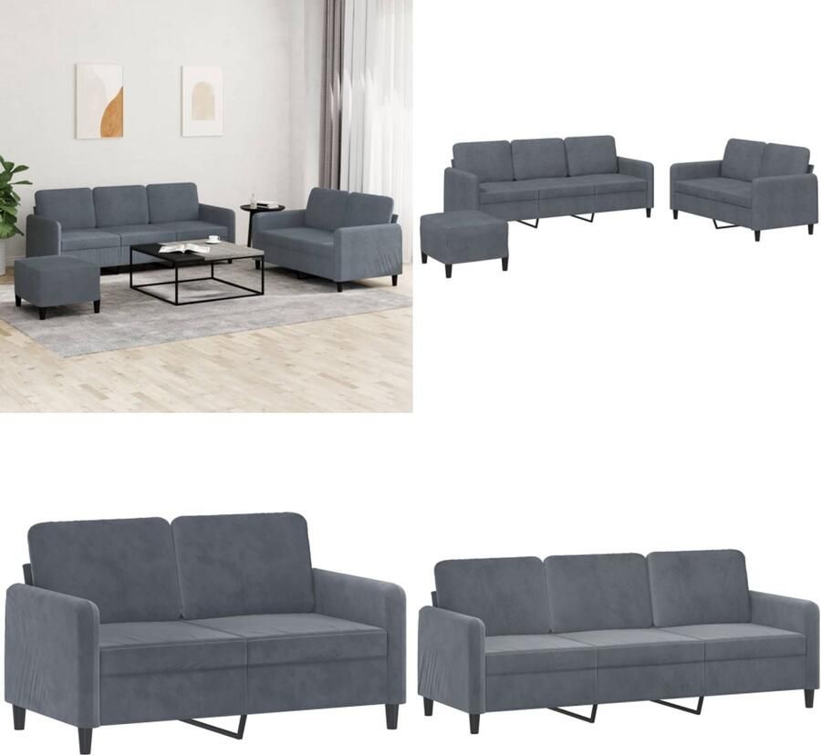 VidaXL 3-delige Loungeset fluweel donkergrijs Bankstel Bankstellen Fauteuil 2-zitsbank