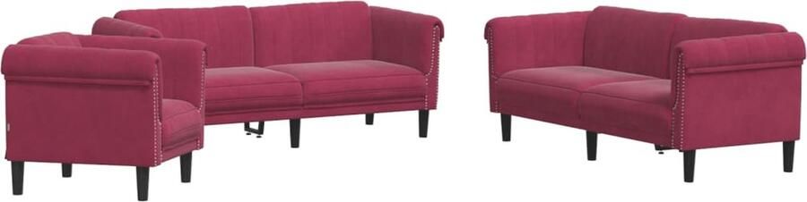 The Living Store 3-delige Loungeset fluweel wijnrood Loungeset Bankstel Velvet Sofa Rode Bank Woonkamer Meubels - Foto 2