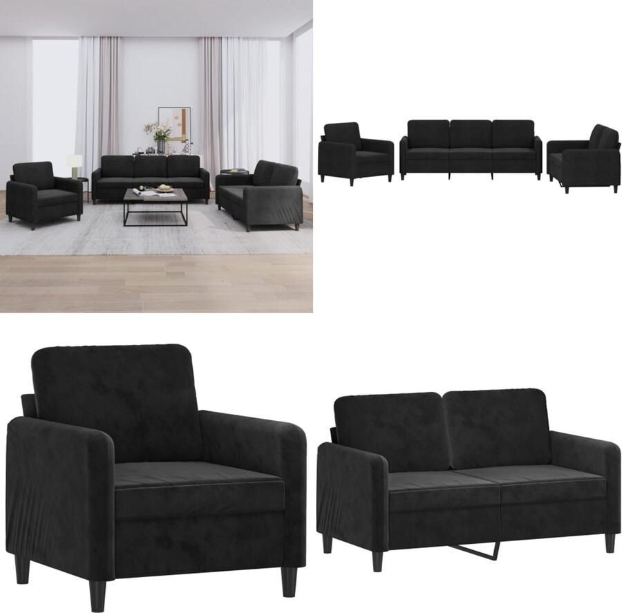 VidaXL 3-delige Loungeset fluweel zwart Bankstel Bankstellen Fauteuil 2-zitsbank