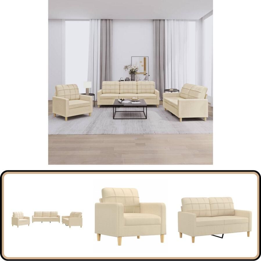 VidaXL 3-delige Loungeset Inclusief Kussens Crème Loungeset Sofa Set Tuinlounge Buitenset Lounge Meubilair Relaxfauteuil Stoffen Sofa Creme Kleuren