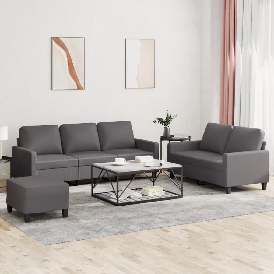 VidaXL 3-delige Loungeset Kunstleer Grijs Loungeset Tuinmeubelen Lounge Set Buiten Meubels Kunstleder Sofa 2 Persoons Bank 3 Persoons Bank Poef Relaxstoel - Foto 2