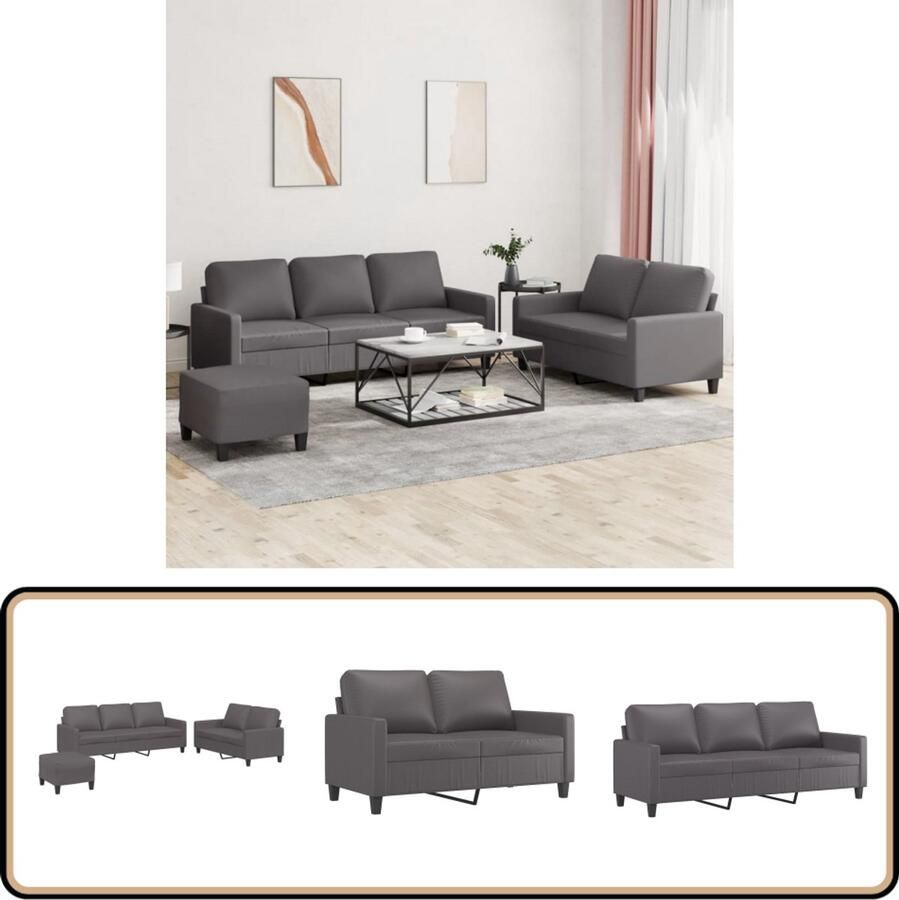 VidaXL 3-delige Loungeset Kunstleer Grijs Loungeset Tuinmeubelen Lounge Set Buiten Meubels Kunstleder Sofa 2 Persoons Bank 3 Persoons Bank Poef Relaxstoel