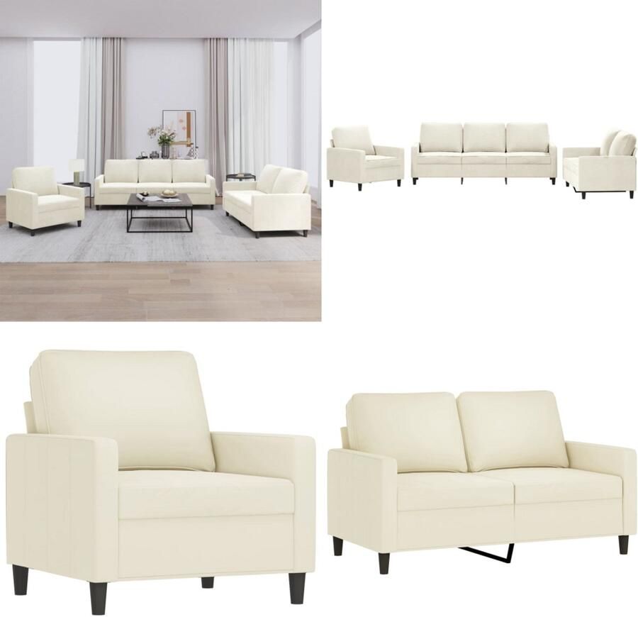 VidaXL 3-delige Loungeset met kussens fluweel crèmekleurig Bank Banken Sofa Loungebank