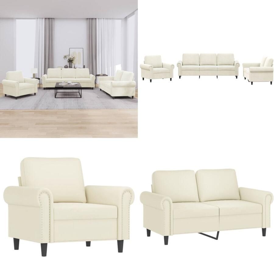 VidaXL 3-delige Loungeset met kussens fluweel crèmekleurig Bankstel Bankstellen Fauteuil 2-zitsbank