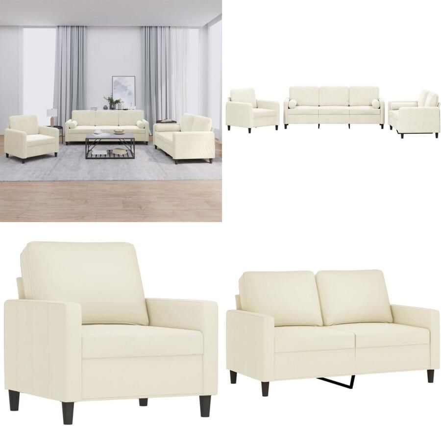 VidaXL 3-delige Loungeset met kussens fluweel crèmekleurig Bankstel Bankstellen Fauteuil 2-zitsbank