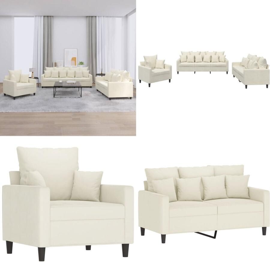 VidaXL 3-delige Loungeset met kussens fluweel crèmekleurig Bankstel Bankstellen Fauteuil 2-zitsbank