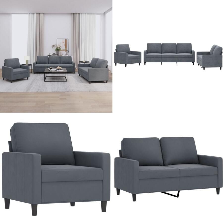 VidaXL 3-delige Loungeset met kussens fluweel donkergrijs Bank Banken Sofa Loungebank