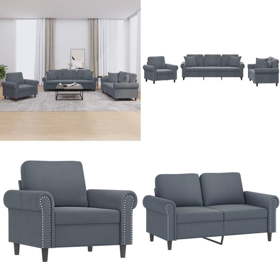 VidaXL 3-delige Loungeset met kussens fluweel donkergrijs Bankstel Bankstellen Fauteuil 2-zitsbank