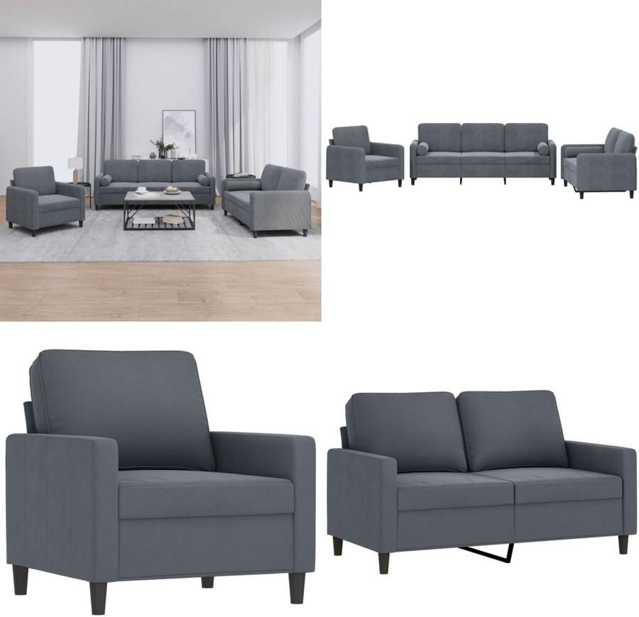 VidaXL 3-delige Loungeset met kussens fluweel donkergrijs Bankstel Bankstellen Fauteuil 2-zitsbank