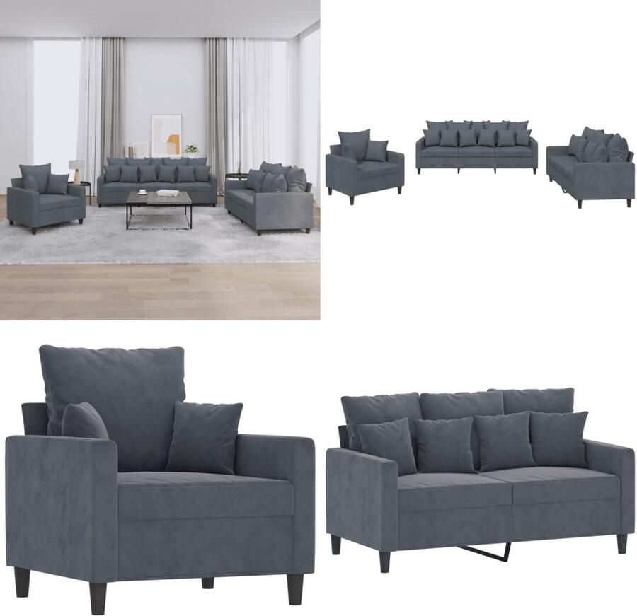 VidaXL 3-delige Loungeset met kussens fluweel donkergrijs Bankstel Bankstellen Fauteuil 2-zitsbank