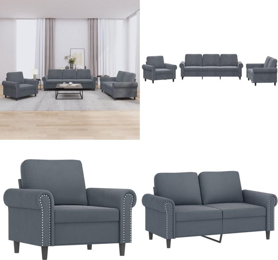 VidaXL 3-delige Loungeset met kussens fluweel donkergrijs Bankstel Bankstellen Fauteuil 2-zitsbank