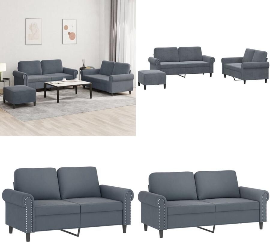 VidaXL 3-delige Loungeset met kussens fluweel donkergrijs Bankstel Bankstellen Fauteuil 2-zitsbank