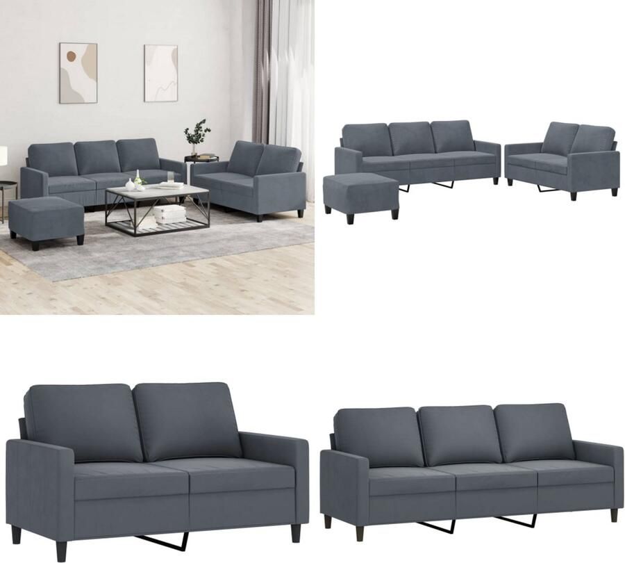 VidaXL 3-delige Loungeset met kussens fluweel donkergrijs Bankstel Bankstellen Fauteuil 2-zitsbank