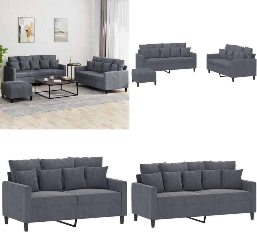 VidaXL 3-delige Loungeset met kussens fluweel donkergrijs Bankstel Bankstellen Fauteuil 2-zitsbank