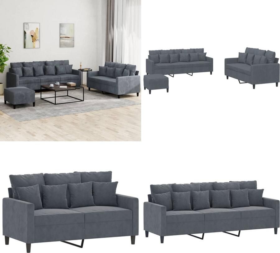 VidaXL 3-delige Loungeset met kussens fluweel donkergrijs Bankstel Bankstellen Fauteuil 2-zitsbank